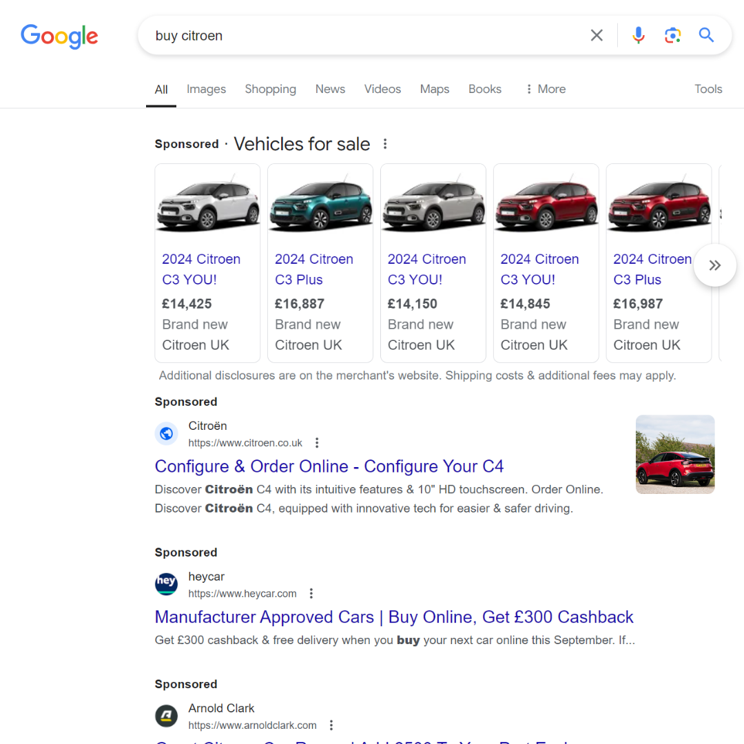 User searching for a Citroen car on Google